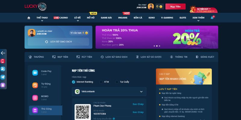 Net88 hỗ trợ nhiều phương thức nạp tiền - Net88